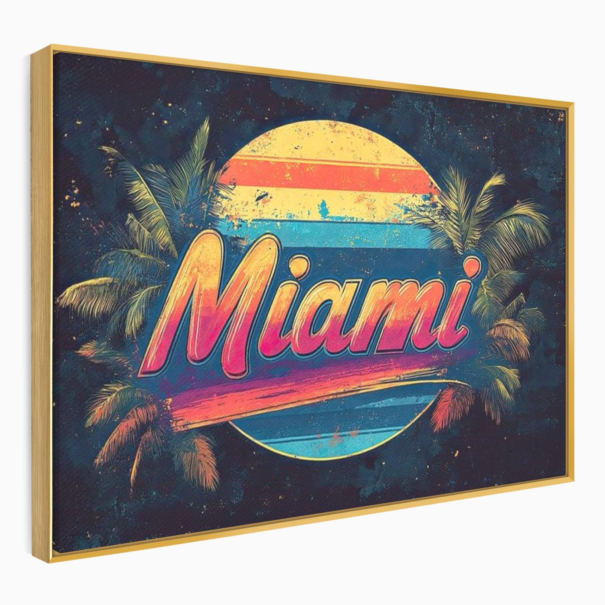 Tablou canvas cu ilustratie retro miami cu soare si palmieri, in rama de aluminiu auriu